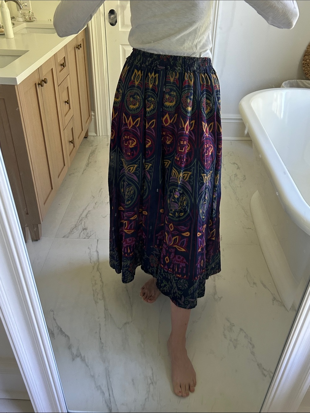 Boho Navy Maxi Skirt with Colorful Elephant Camel Peacock Medallions - Picture 10 of 11